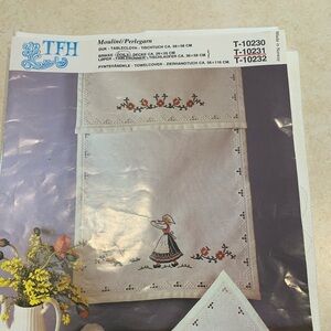 Embroidered Tablecloth and Napkin Set and  Counted Cross Stich with threads.